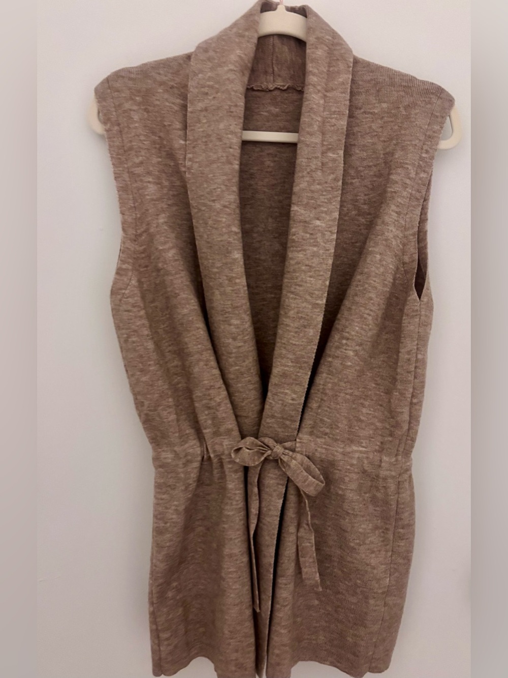 Sleeveless Shawl Collar Tie-Waist Sweater Vest in Taupe